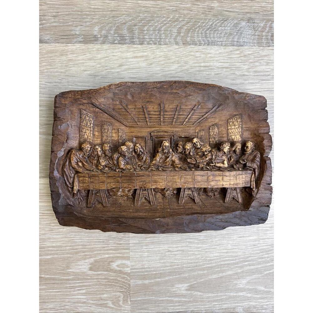 THE LAST SUPPER 3D Faux Wood Resin Wall Plaque Vintage 9" x 6" religious
